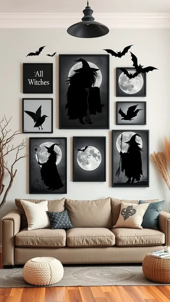 A wall decorated with witch-themed art, featuring silhouettes of witches and bats against a dark background.