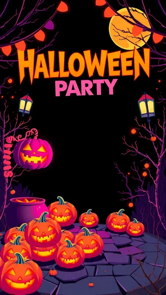 Colorful Halloween party invitation with pumpkins and lanterns