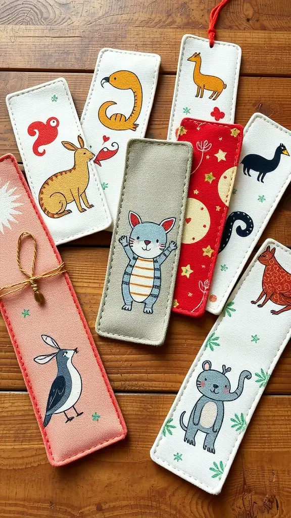 27+ Creative Fabric Bookmark Ideas to Elevate Your Reading Experience 7 A collection of fabric bookmarks featuring quirky animal designs, including a cat, rabbit, and various other animals, displayed on a wooden surface.