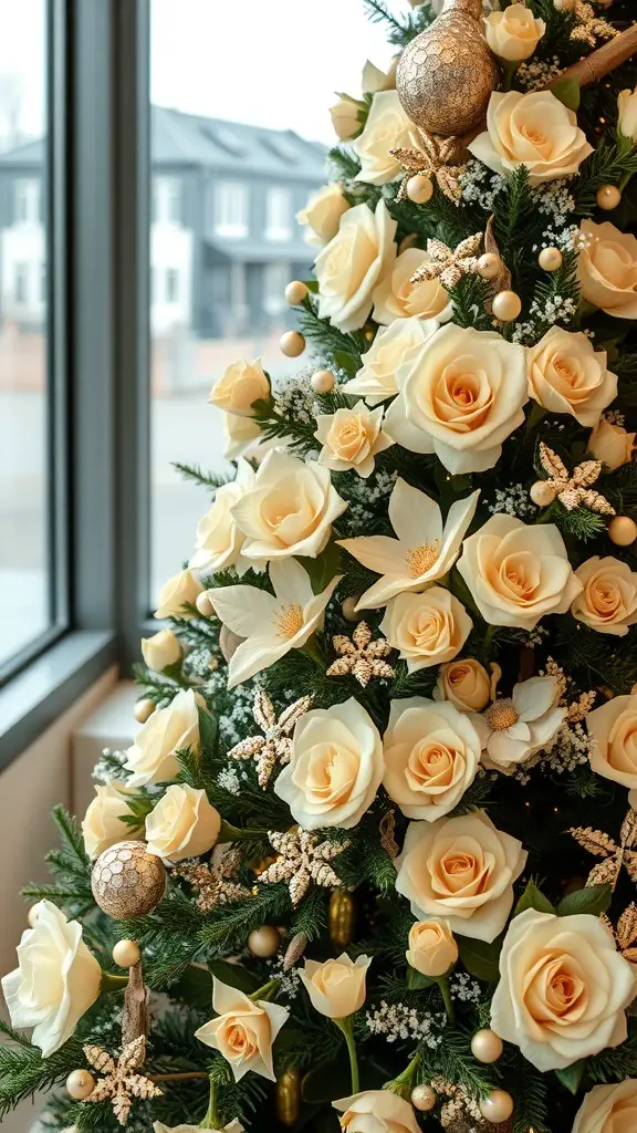 A Christmas tree decorated with cream roses, lilies, and gold ornaments.