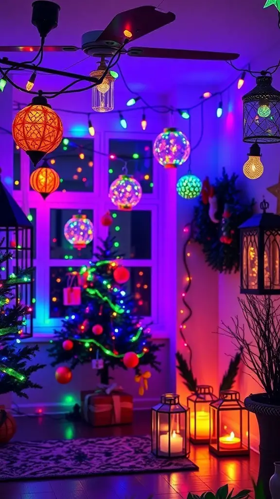 A colorful room decorated for Christmas with various lighting solutions, including hanging lanterns and string lights.