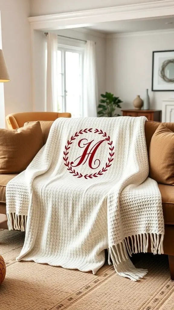 27 Thoughtful Engagement Gifts Your Friends Will Love 5 A cozy white throw blanket with a monogrammed letter and decorative design, draped over a couch.