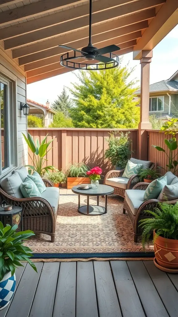 23+ Stunning Rug Design Ideas to Transform Your Space 8 A cozy patio area featuring comfortable seating, a round table, and a decorative outdoor rug surrounded by plants.