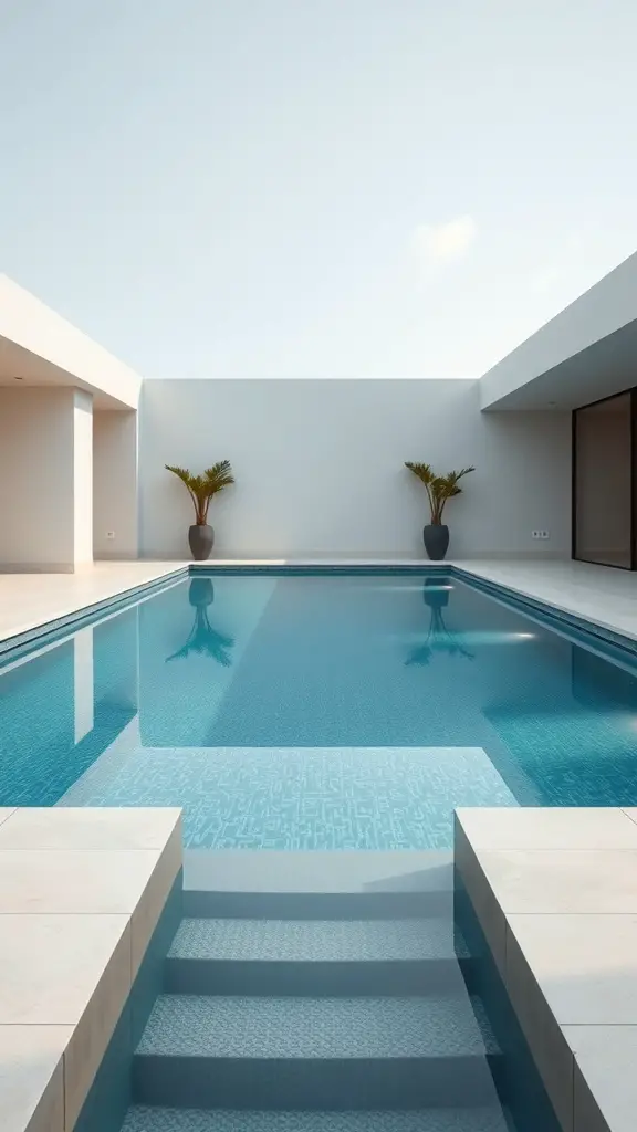 A modern private pool with minimalist design, featuring clear blue water and potted plants.
