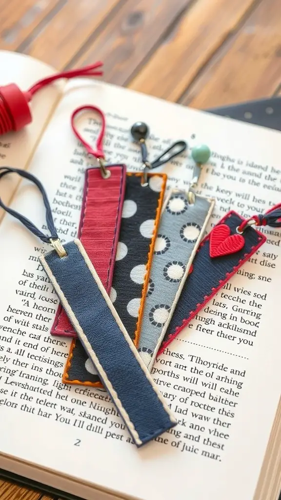 27+ Creative Fabric Bookmark Ideas to Elevate Your Reading Experience 12 A collection of colorful fabric bookmarks placed on an open book.