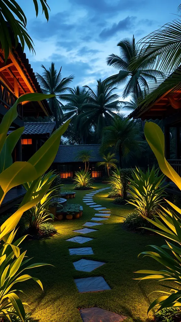 25+ Stunning Bali Garden Design Ideas You’ll Love 15 A beautifully lit garden path surrounded by lush greenery and soft lighting, creating an inviting atmosphere.
