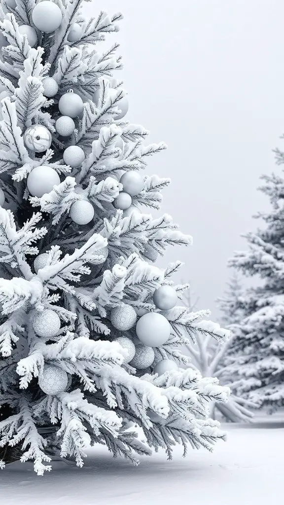 A snowy Christmas tree with white ornaments in a winter landscape.
