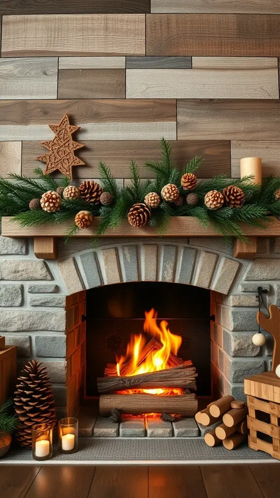 A rustic fireplace decorated with wood and pinecone accents, featuring a warm fire and cozy atmosphere.