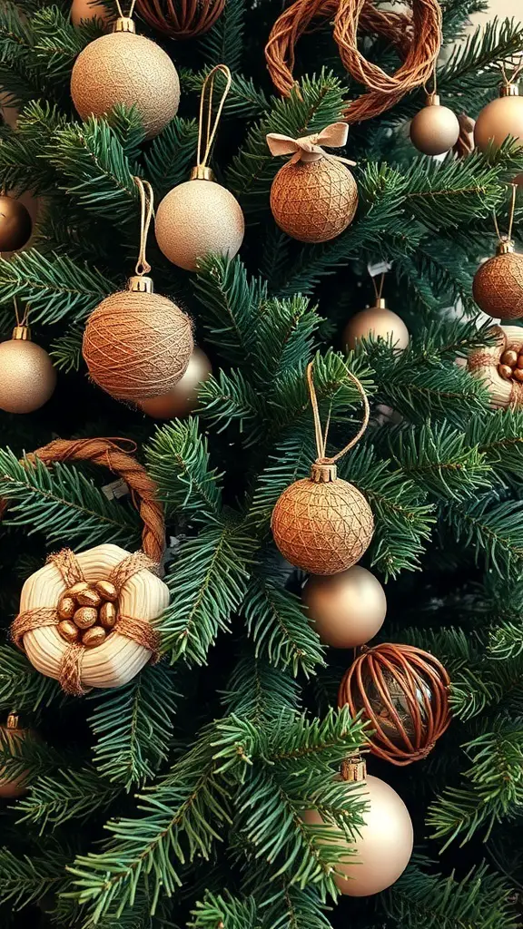 A Christmas tree decorated with earthy toned ornaments and natural textures.