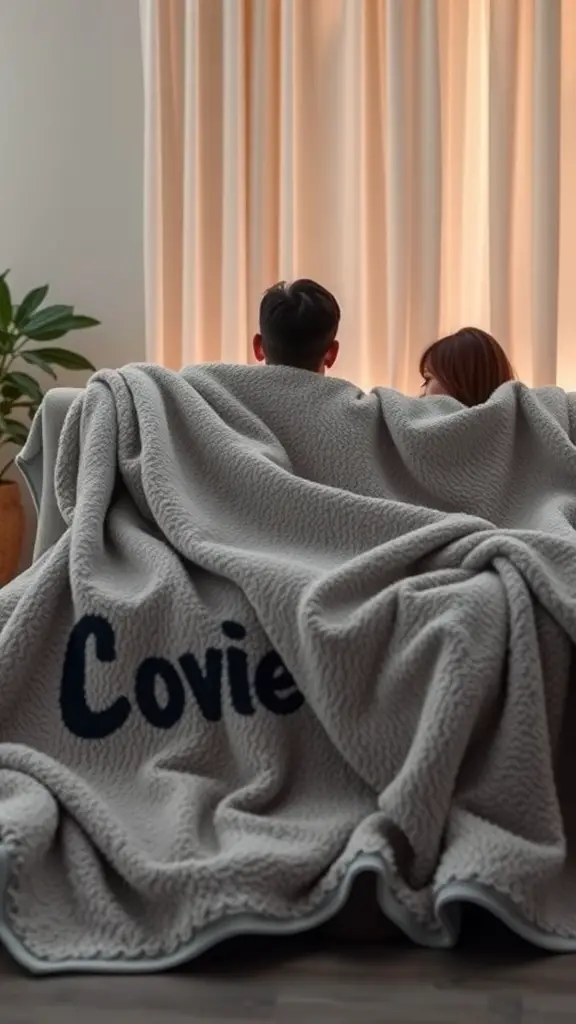 31+ Thoughtful Anniversary Gift Ideas for Every Couple 16 Couple wrapped in a personalized blanket, sitting together by a window.