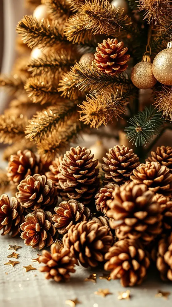 A collection of gold glittered pinecones arranged with a Christmas tree in the background.