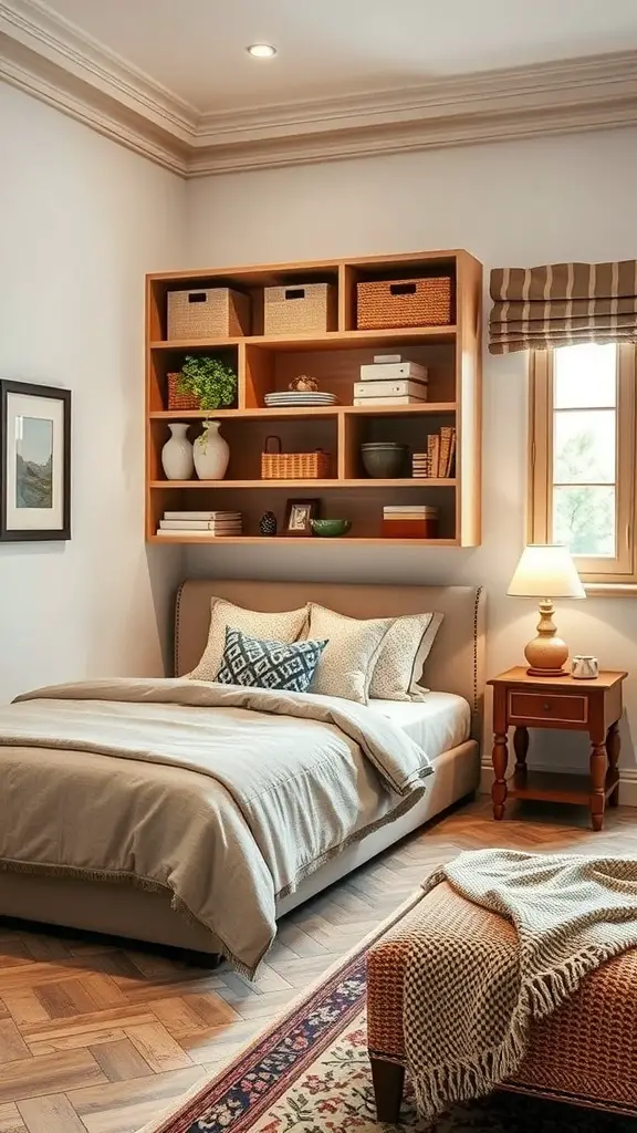 27+ Inspiring Spanish Mediterranean Bedroom Ideas for Your Home 14 A cozy Spanish Mediterranean bedroom featuring a stylish storage shelf above the bed, decorative baskets, and a nightstand.