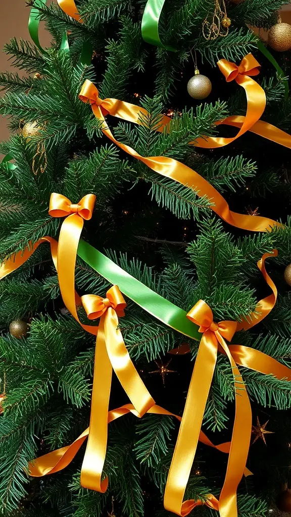 A Christmas tree decorated with green and gold ribbons and bows.