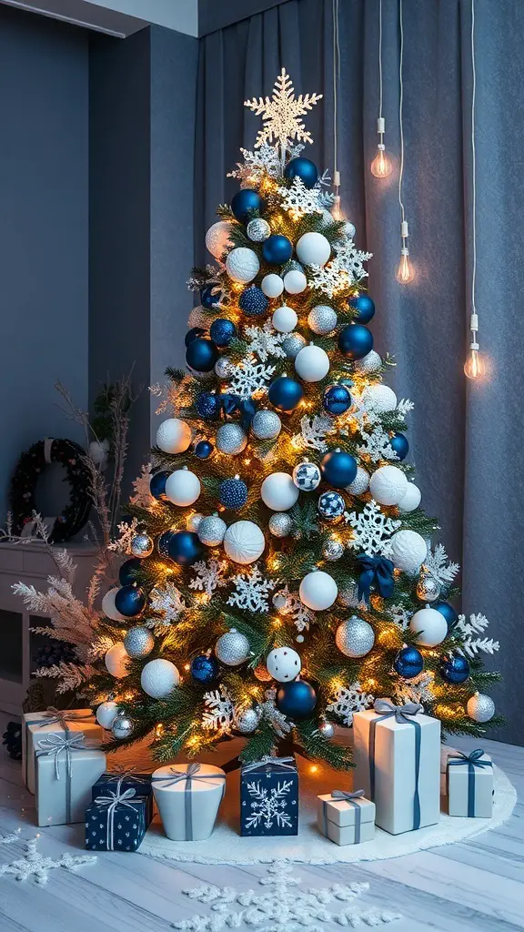 A beautifully decorated navy blue and white Christmas tree with snowflake ornaments and presents underneath.