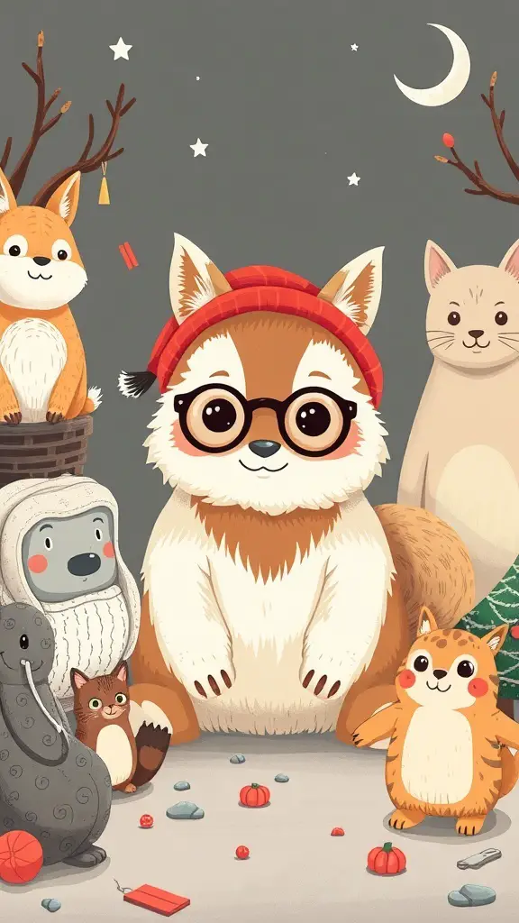 A group of cute anthro-inspired animals celebrating Christmas, featuring a fox in glasses and a cozy hat.