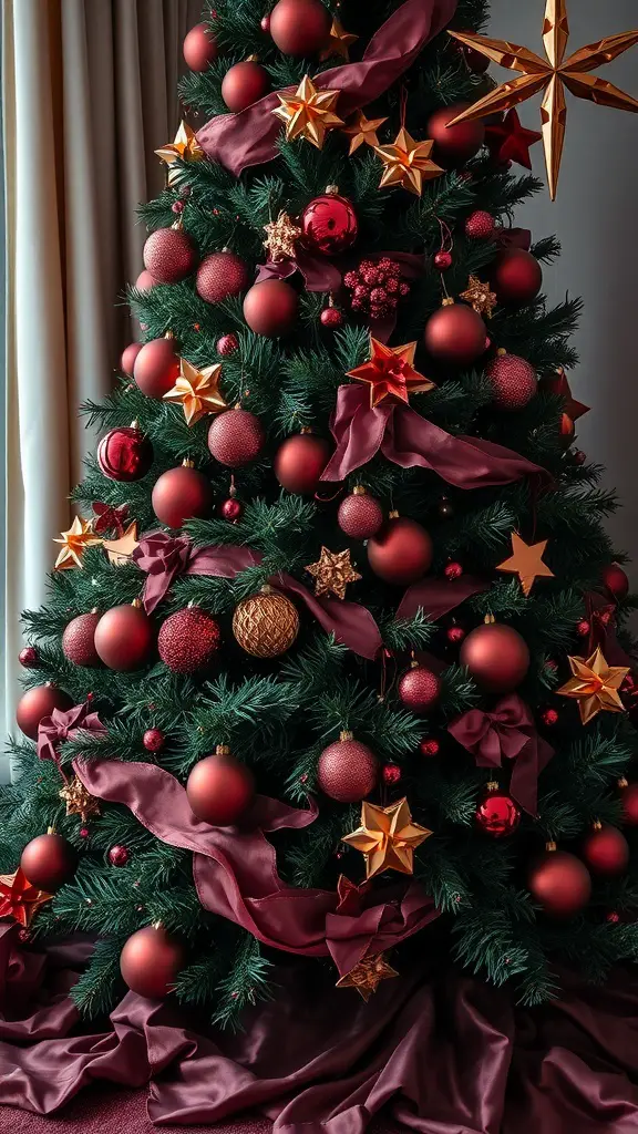 Christmas tree decorated with copper and deep plum ornaments and ribbons.