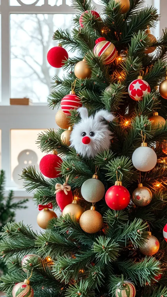 A Christmas tree decorated with fuzzy plush ornaments and colorful baubles.