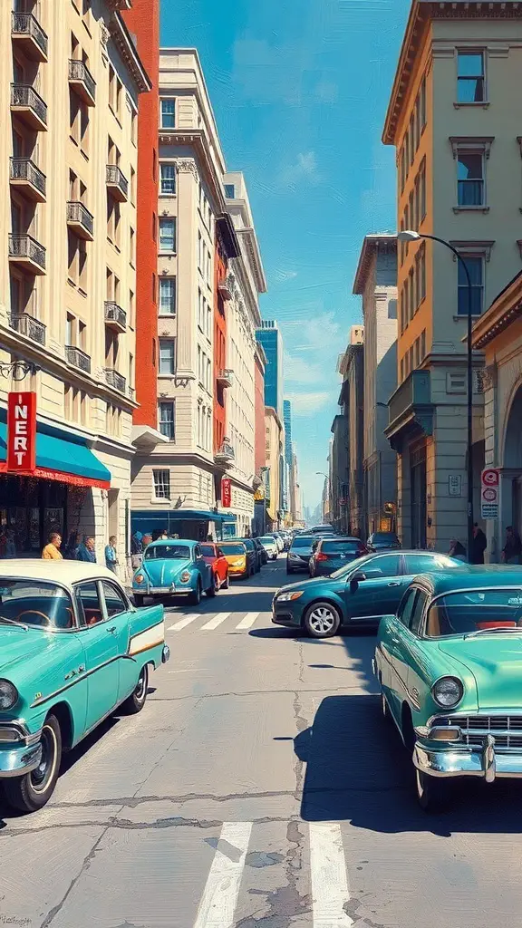 29+ Inspiring Acrylic Painting Ideas to Spark Your Creativity 8 A busy urban street filled with vintage cars, showcasing a blend of classic vehicles and modern architecture.