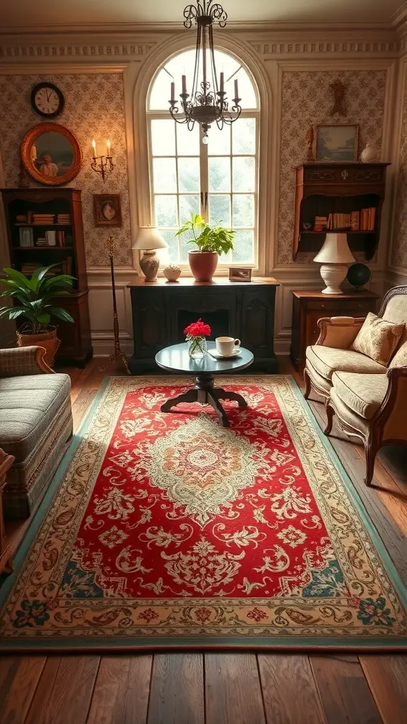 29+ Stylish Living Room Area Rug Ideas to Transform Your Space 14 Living room with a vintage red and gold area rug, elegant furniture, and a warm atmosphere.