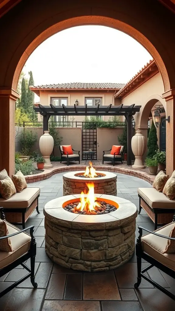 23+ Stunning Mediterranean Patio Ideas for Your Outdoor Oasis 5 A cozy Mediterranean patio featuring multiple fire pits surrounded by comfortable seating and lush greenery.