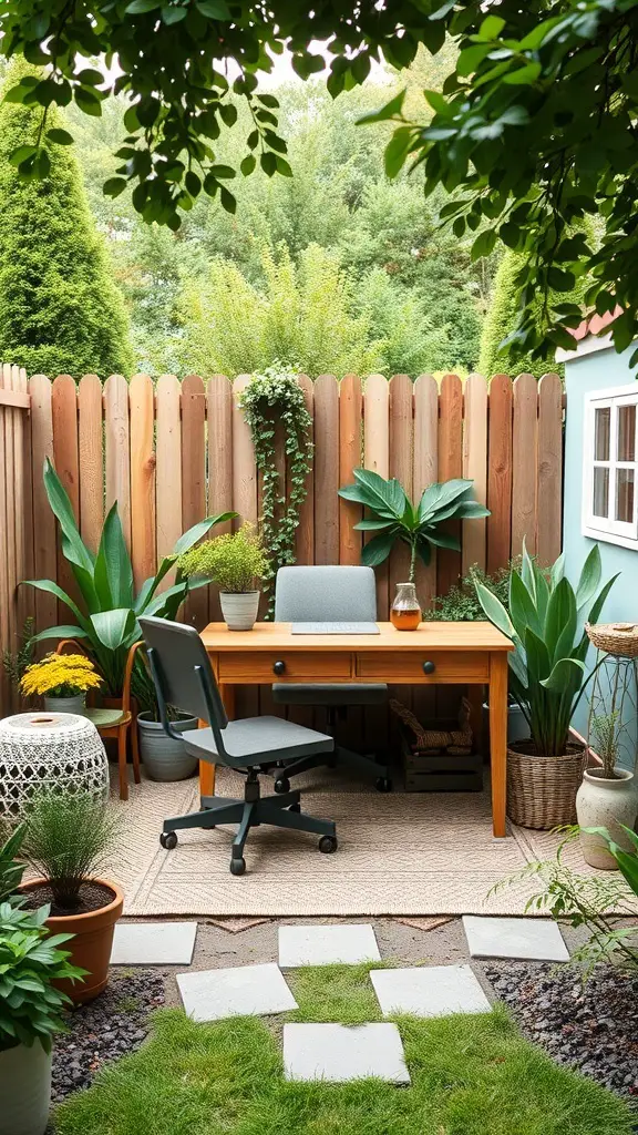 A cozy backyard office setup with a wooden desk, chair, and surrounding plants.