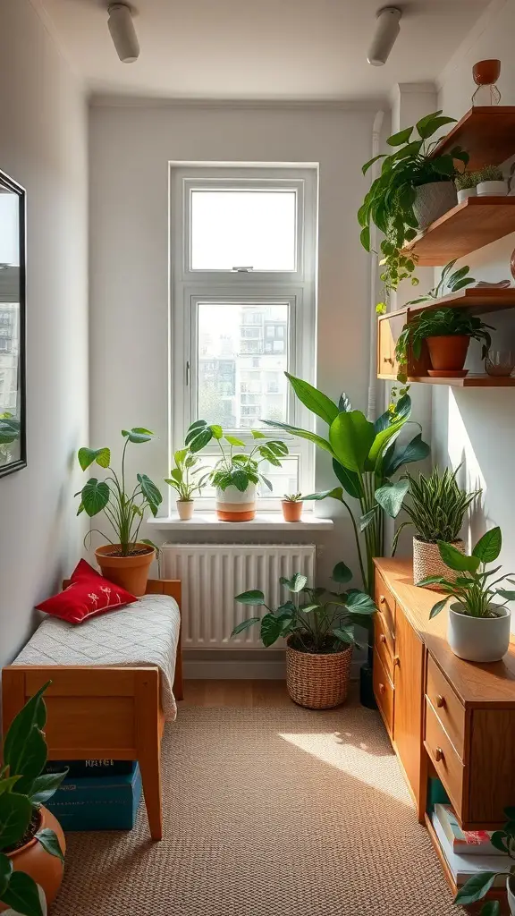 27+ Creative Small Rectangular Bedroom Ideas to Maximize Space 14 A small bedroom corner with various plants on a windowsill, shelves, and a cozy bench.