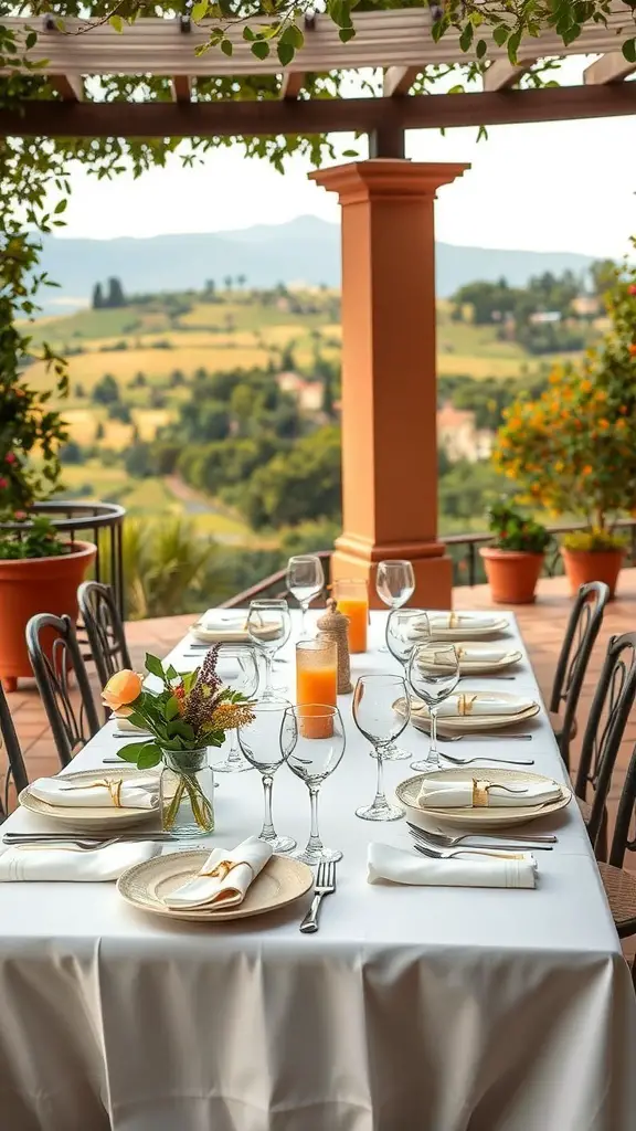 29+ Stunning Tuscan Patio Ideas for Your Outdoor Oasis 3 Elegant outdoor dining setup on a Tuscan patio with a beautifully set table and scenic views.
