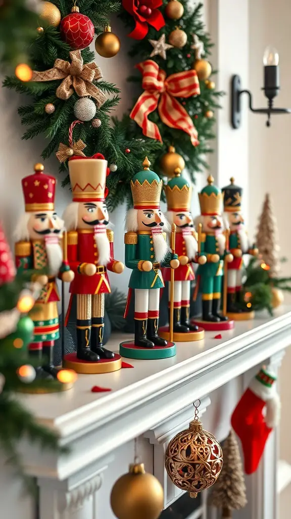 A collection of colorful nutcracker figurines displayed on a mantel, surrounded by festive decorations.