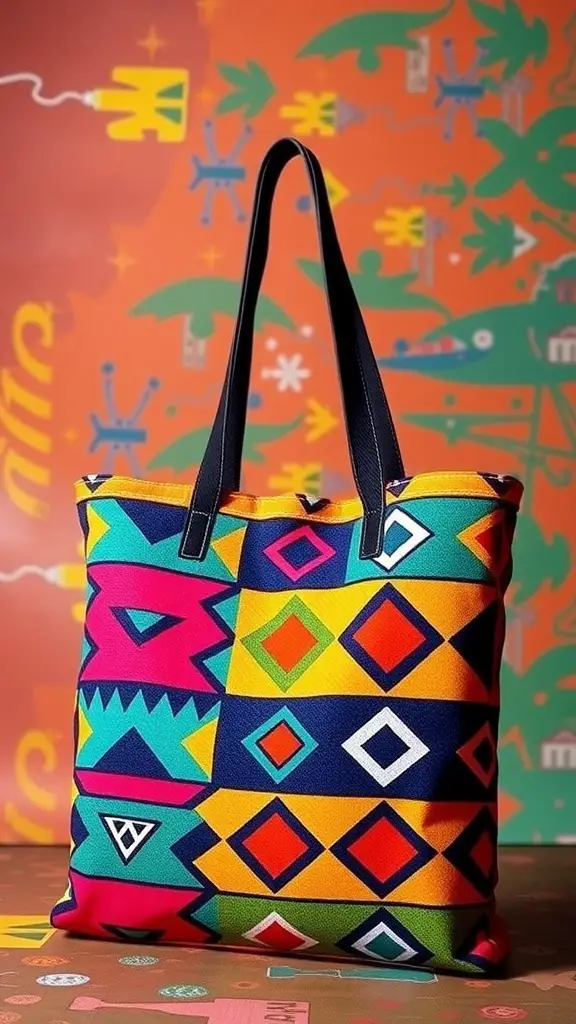 27+ Creative Tote Bag Painting Ideas You’ll Love 9 A colorful tote bag featuring geometric patterns in bold colors.