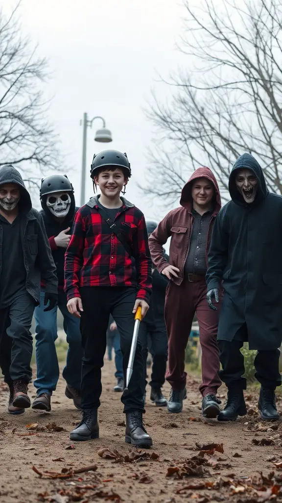 A group of horror characters from the 2000s, featuring a kid in a plaid shirt and several spooky figures behind him.
