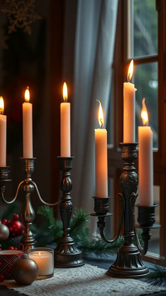 Old-fashioned candle holders with lit candles on a table, surrounded by holiday decorations.