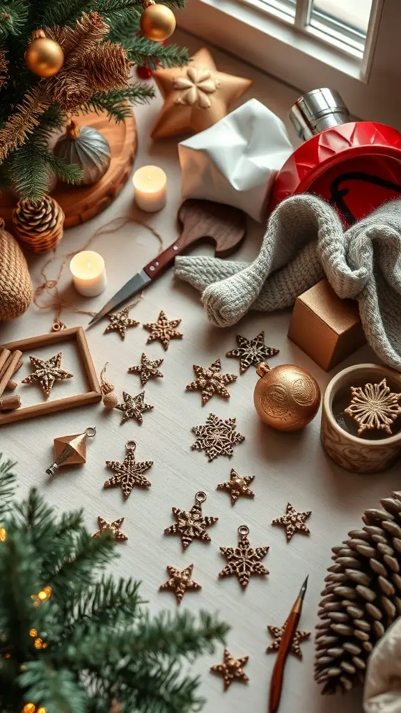 A cozy crafting setup featuring bronze Christmas tree ornaments, tools, and decorative elements.
