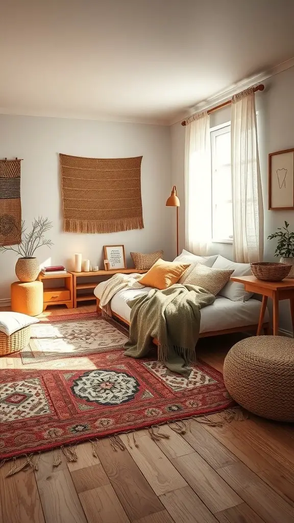 Cozy small bedroom with layered textures including blankets, cushions, and woven wall hangings