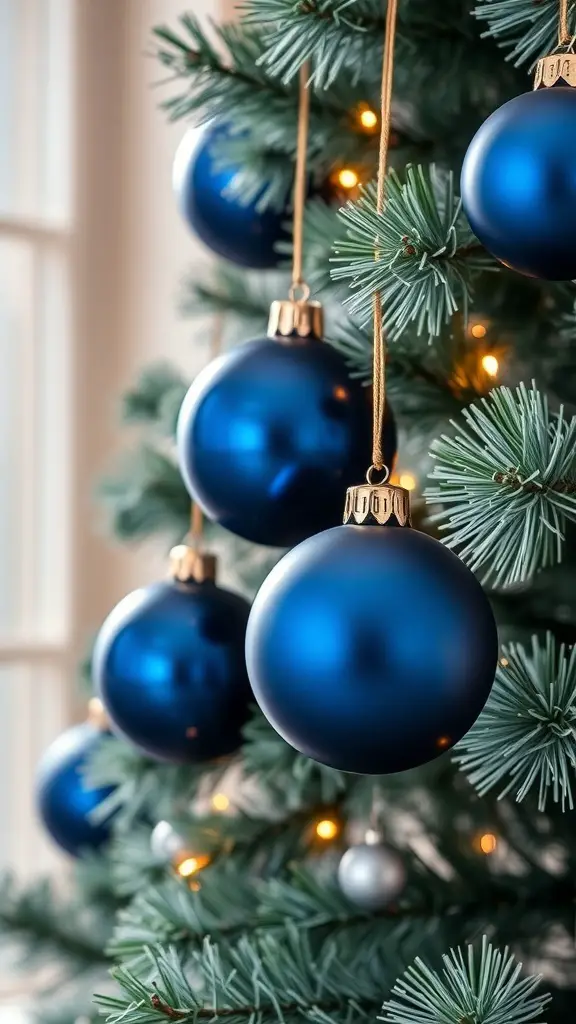 Close-up of navy blue ornaments hanging on a Christmas tree