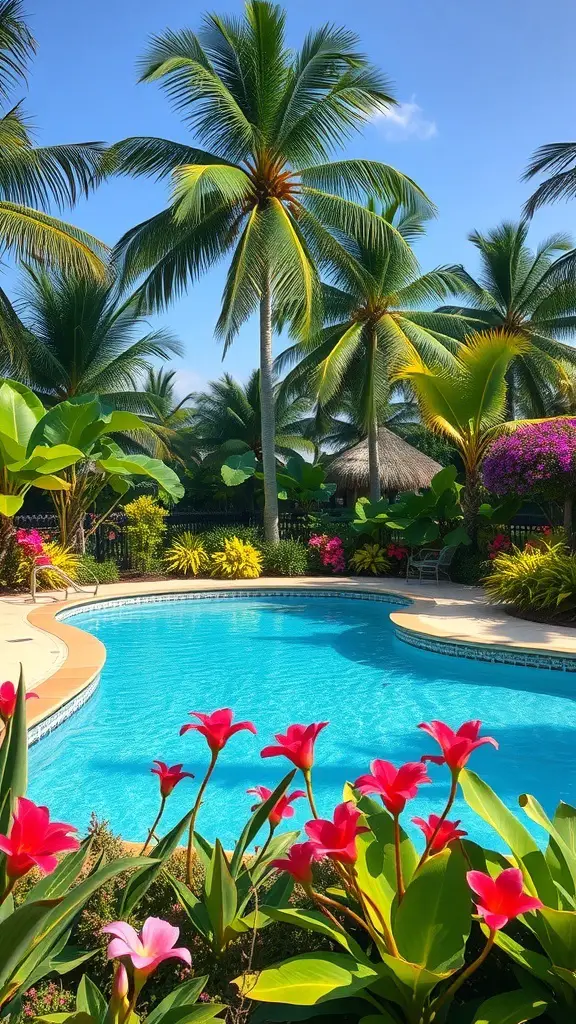 A beautiful tropical pool surrounded by palm trees and colorful flowers.
