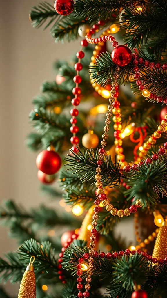 Close-up of a Christmas tree with colorful beaded strings and ornaments