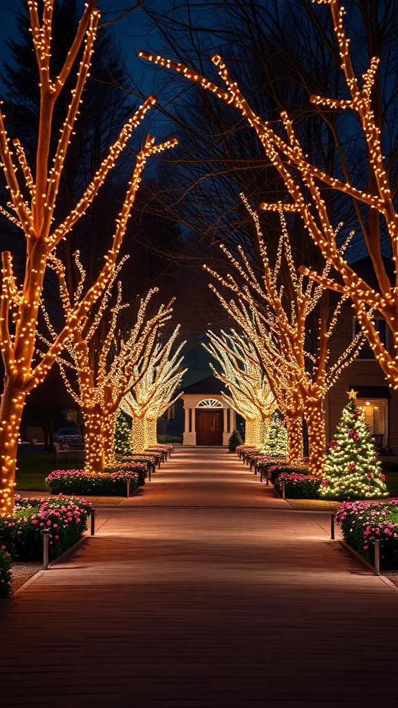 A beautifully lit pathway lined with trees and flowers, creating a festive outdoor atmosphere.