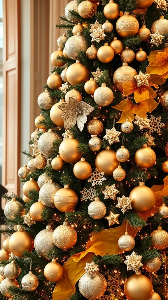 A beautifully decorated Christmas tree with gold and silver ornaments, featuring stars and snowflakes.