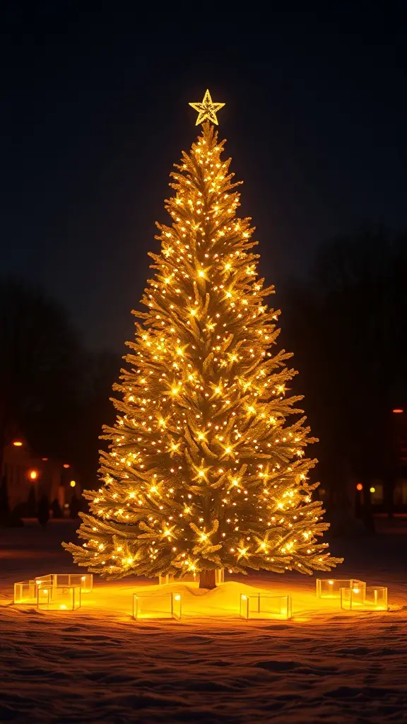 A beautifully lit brown Christmas tree with golden lights and lanterns around it.