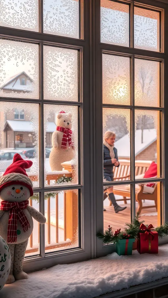 Frosted windowpanes with holiday decorations and a snowy outdoor scene