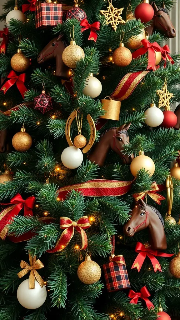 A Christmas tree decorated with equestrian-themed ornaments, including horse heads, red ribbons, and golden ornaments.