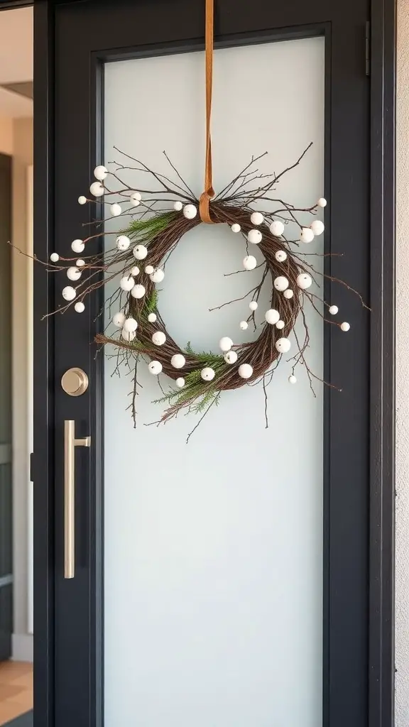 A minimalist wreath made of twigs and white accents hanging on a door.