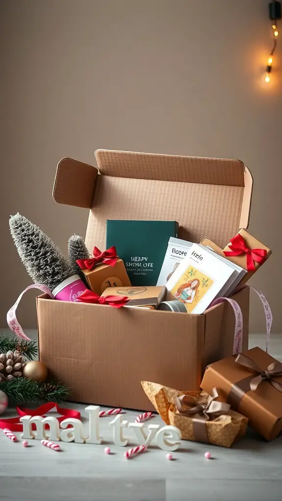 A subscription box filled with gifts, including a candle, a book, and decorative items.
