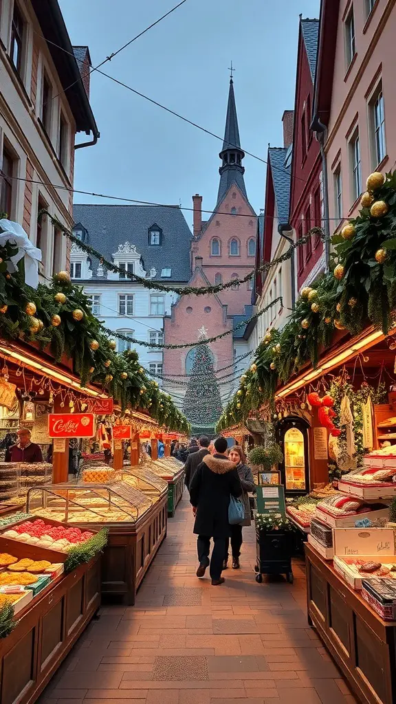 A bustling Austrian Christmas market with festive stalls and a Christmas tree in the background.