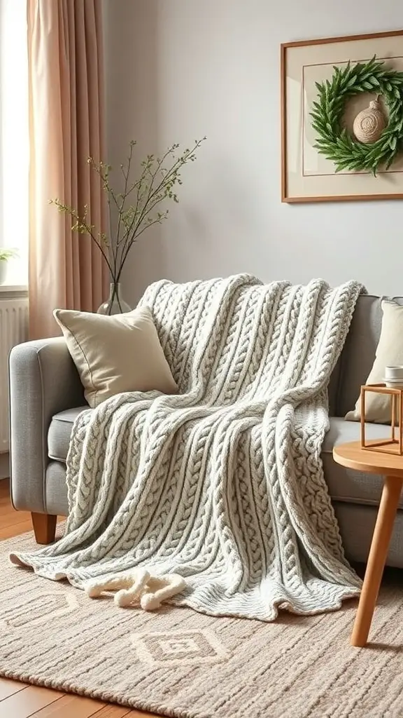 A cozy knitted blanket throw draped over a sofa in a warm living room setting.