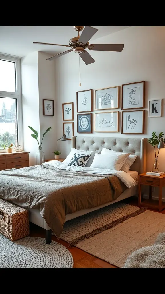 A cozy bedroom featuring a king bed with neutral bedding, framed artwork on the wall, and decorative elements.