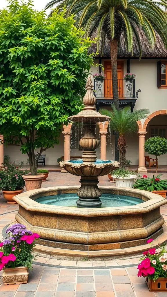 25+ Stunning Spanish Garden Hacienda Style Ideas to Transform Your Outdoor Space 12 A traditional Spanish fountain surrounded by flowers and greenery in a hacienda-style garden.