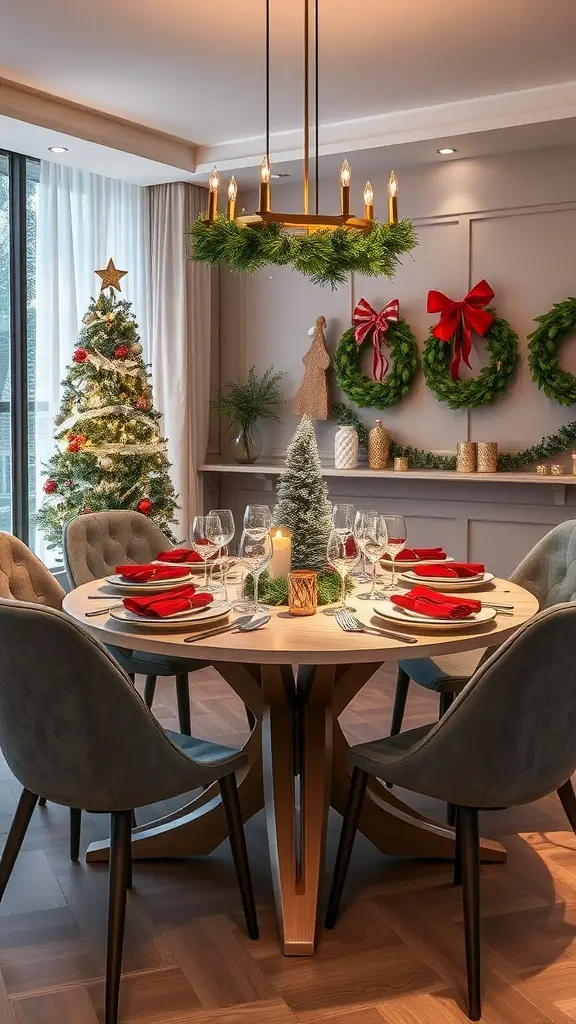 A modern Christmas table setting with a small evergreen centerpiece, red napkins, and a cozy atmosphere.