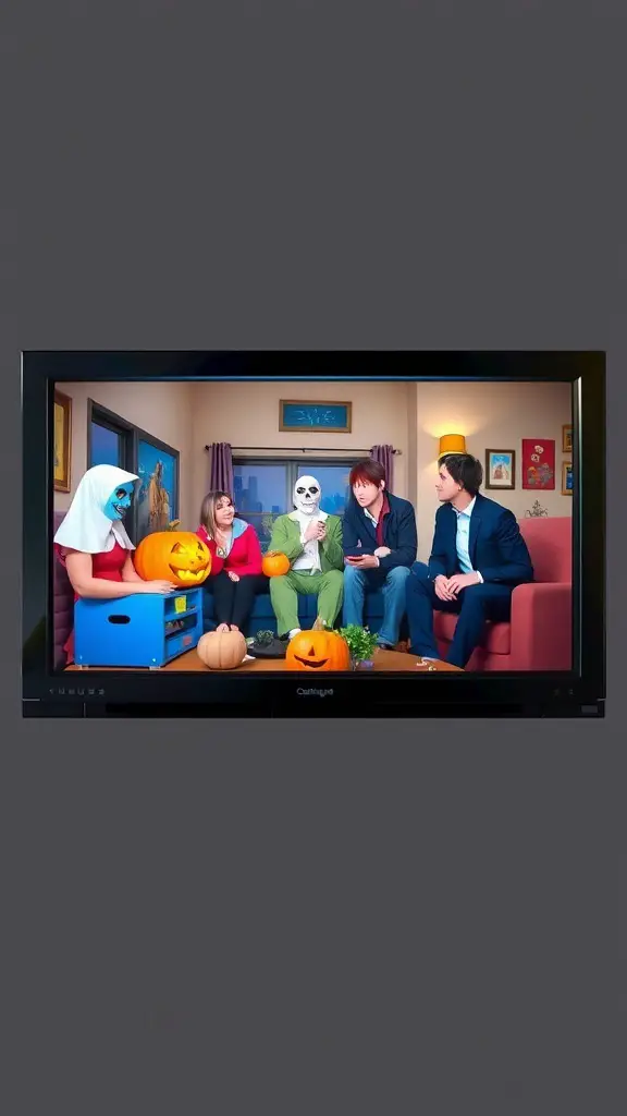 A group of people in Halloween costumes sitting together with pumpkins