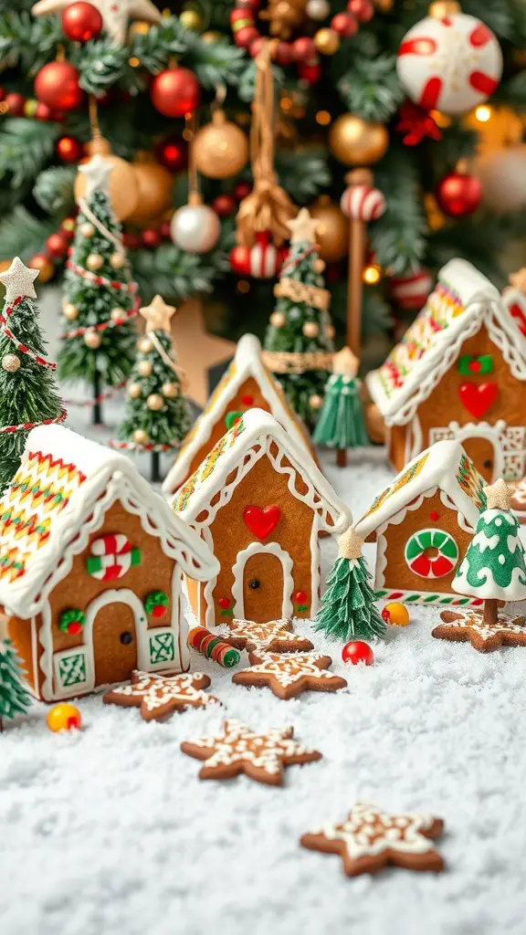 A whimsical display of gingerbread houses with colorful decorations and snowy background.